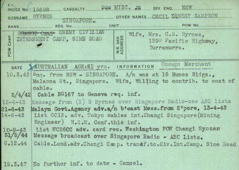 Australian Red Cross POW enquiry card for Cecil Ernest Sampson Byrnes